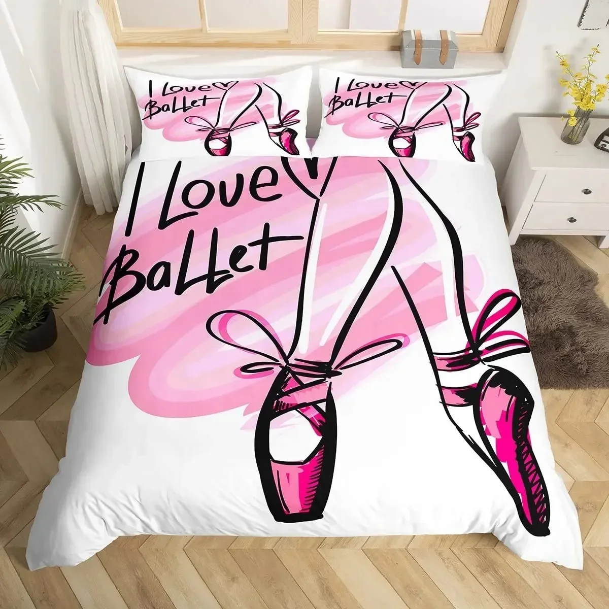 Dance Duvet Cover Set King Size,Ballet Dance Theme Comforter Cover,Ballet Princess Dancer Bedding Set For Girls Bedroom Decor