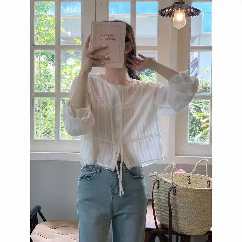 

Short Sleeve Shirts Womens Ins Style Cotton Patchwork Pintuck Slim Fit Modern Artistic Urban Student Blogger Trend Youthful