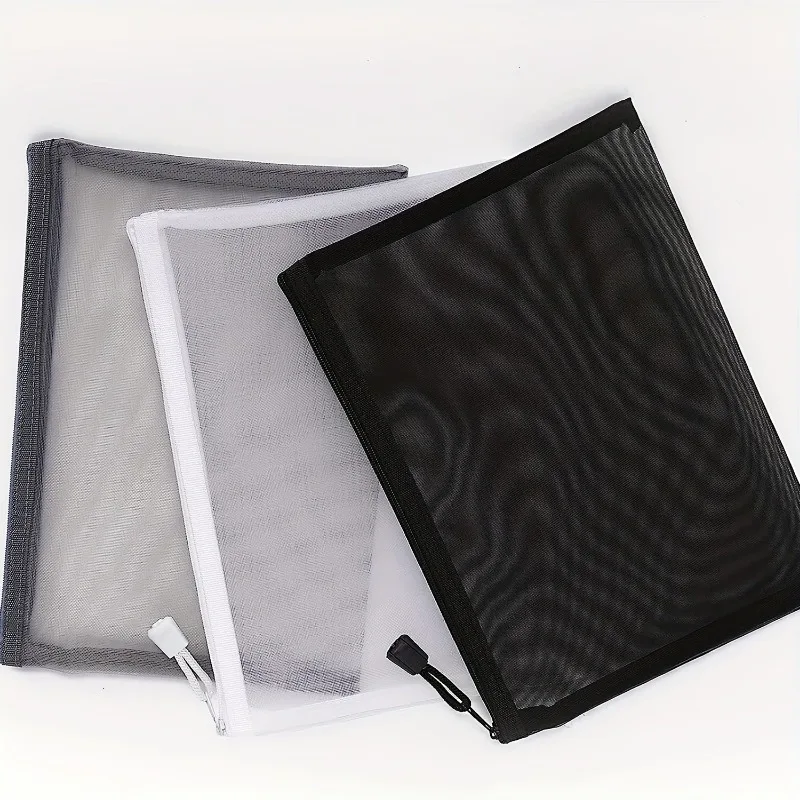 1pc Nylon Zipper Mesh Bag Set - Multifunctional Travel Storage Bag and Cosmetic Bag - Durable, A5 Size - Black, White, Grey