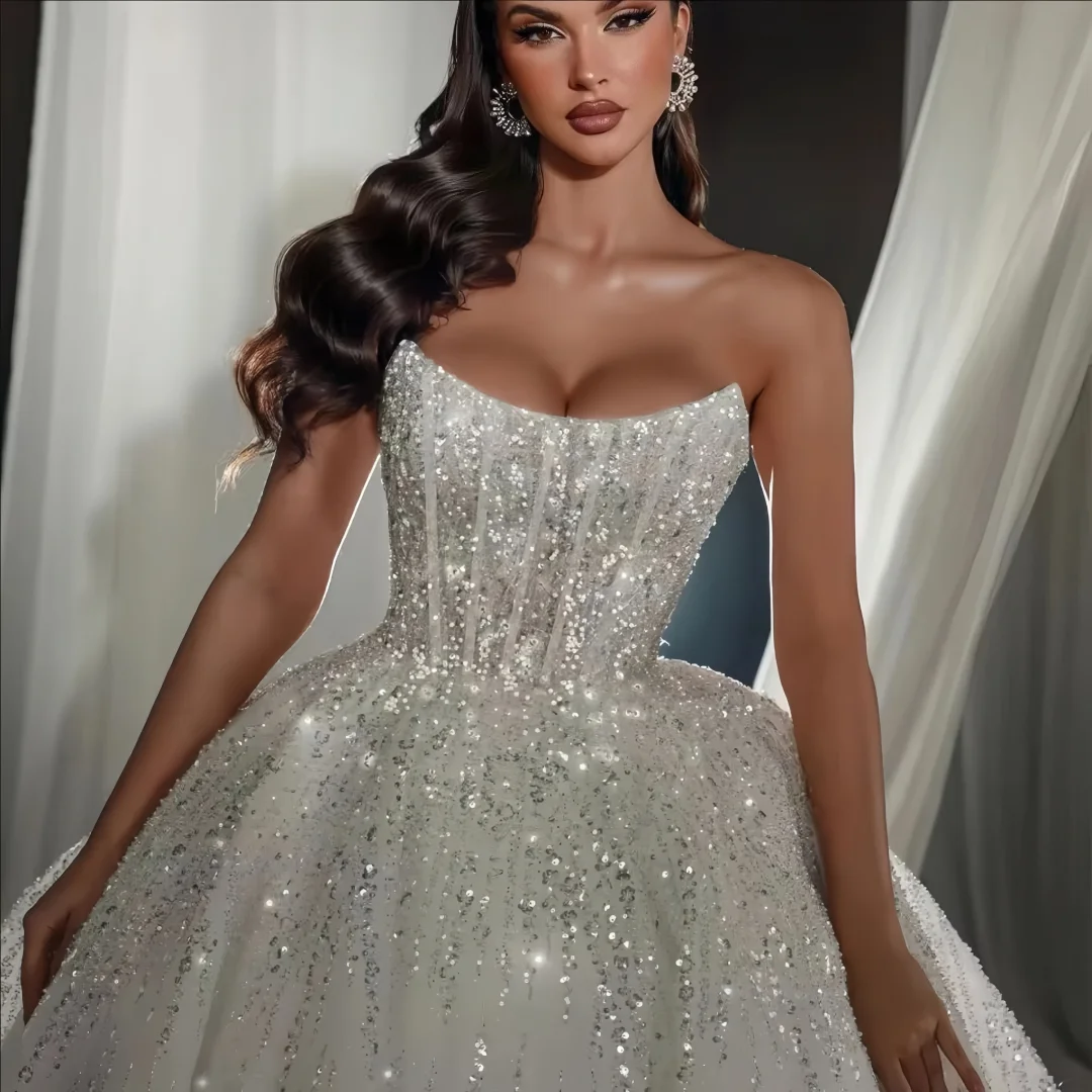 Customized Sexy  Ball Gown Bride Robe Strapless Sleeveless Bridal dress Sweetheart  Shiny Sequins Pearls Wedding Gown Vestido De