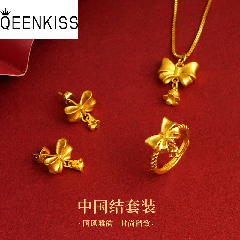

QEENKISS Gold Bowknot Tie Necklace+Ring+Stud Earrings For Women Wedding Birthday Wedding Christmas Bride Mother Lady Gift JS533