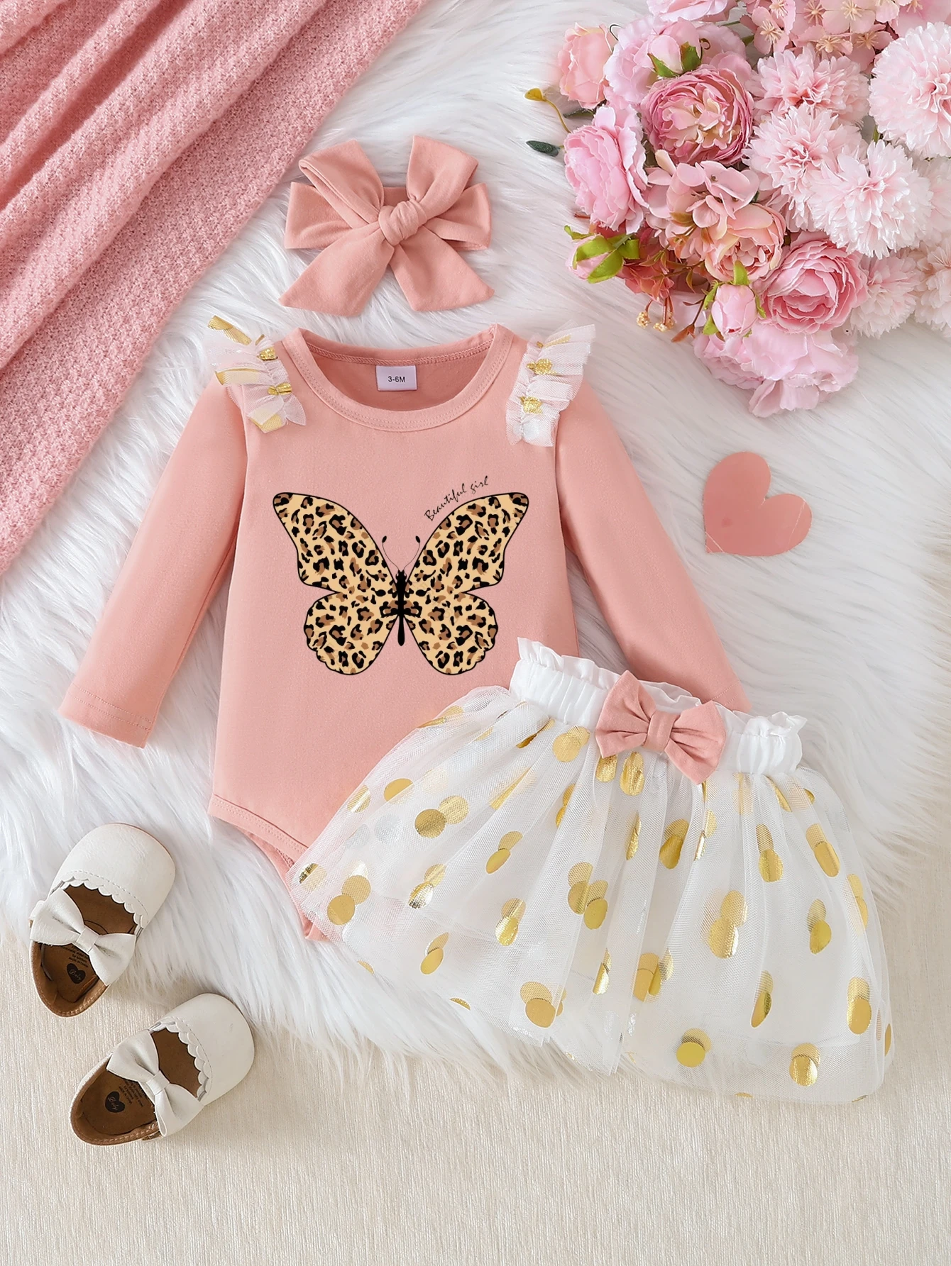 Baby Pink Butterfly Decorated Three-Piece Set Elegant Leopard Print Butterfly Design Polka Dot Hemline Comfortable Cute Outfit