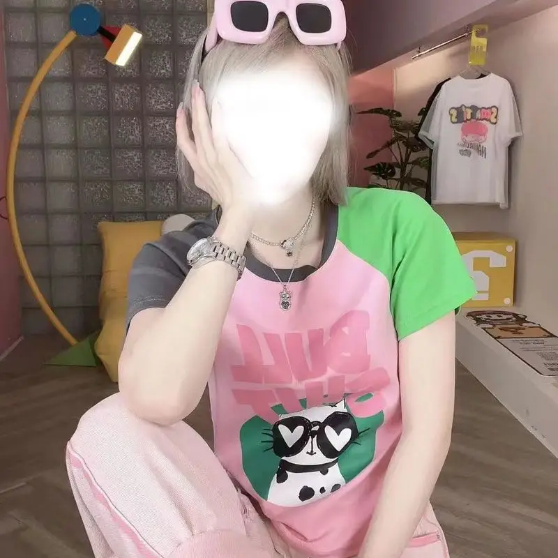 Western Style Younger Design Sense Raglan Short Sleeve T-Shirt Women 2023 New Hong Kong Style Chic Pink Short Top