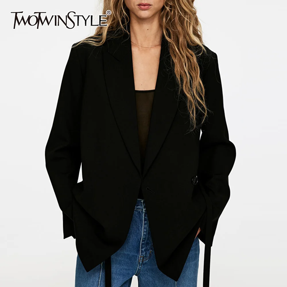 TWOTWINSTYLE Solid Spliced Button Loose Blazer for Women Lapel Long Sleeve Temperament Minimalist Coat Female New