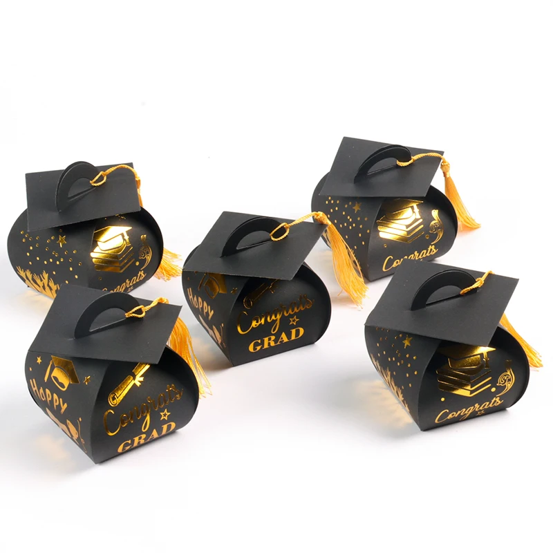 5pcs Grad Cap Shape Gift Box Black gold Gift Box Candy Chocolate Paper Boxes Celebration Graduation Party Decoration Supplies