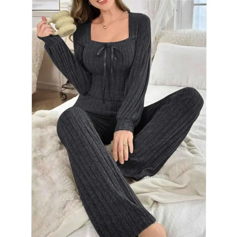 Autumn New Women Sleepwear Pajamas Set Elegant 2 Pcs Shirt&pants Sleepwear Homewear Solid Color Soft Comfy Loungewear Nightwear