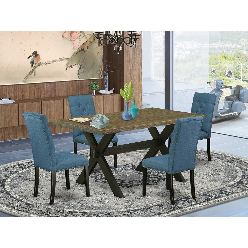 

5 Piece Room Furniture Set Includes A Rectangle Dining Table with X-Legs and 4 Blue Linen Fabric Parsons Chairs, Dining Tables