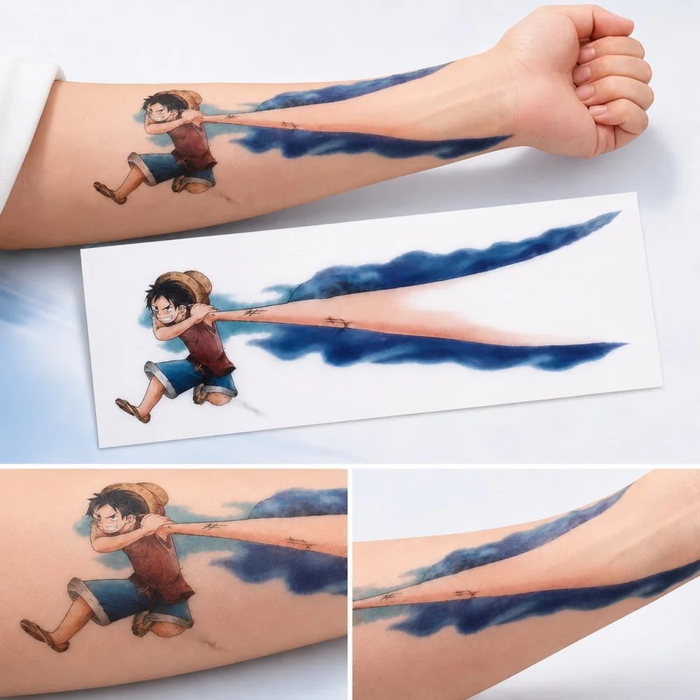 Tatuaje Temporal de Luffy de One Piece, Calcomanía Elástica para Brazo y Cuerpo, Diseño de Anime y Dibujos Animados, para Cosplay, Fiestas, Festivales, Regalos, Decoración y Juguetes