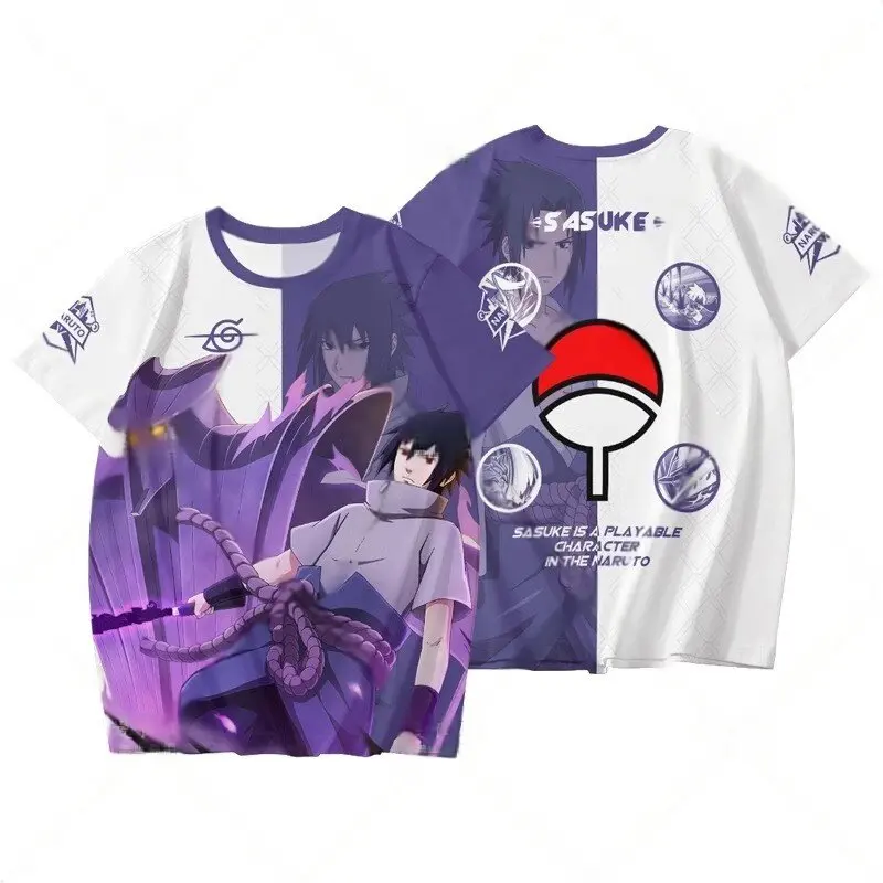 Naruto Sasuke Uchiha Split Print T-Shirt, Anime Susanoo & Clan Logo Tee, Quick Dry Breathable Top For Men Women Children