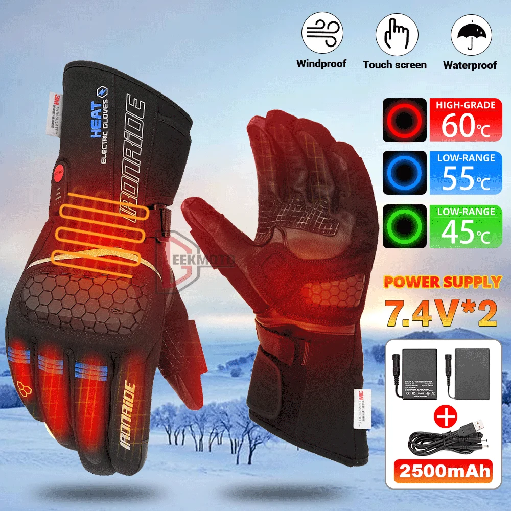 New Winter Heated Gloves Waterproof Touchscreen Motorcycle Gloves With Rechargeable Battery Snowboarding Ski Gloves Hand Warmer