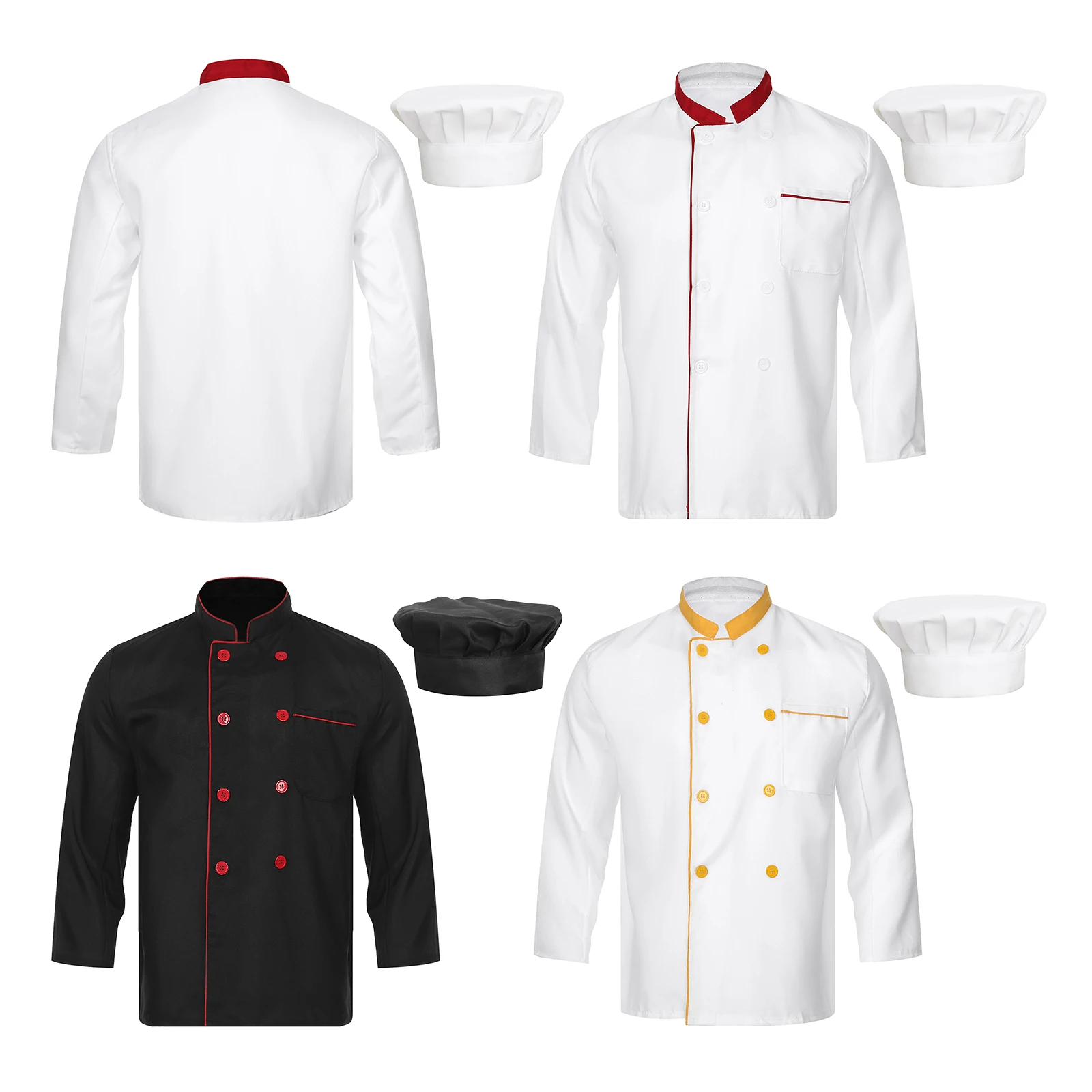Men Adult Chef Jacket Cooking Set with Chef Hat Hotel Restaurant Kitchen Work Uniform Long Sleeve Double-Breasted Chef Shirts