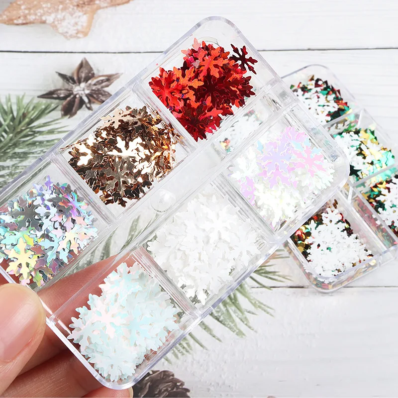 6 griglie natale Nail Glitter paillettes misto riflettente fiocco di neve stella albero di natale fiocchi accessori per la decorazione del Manicure di natale