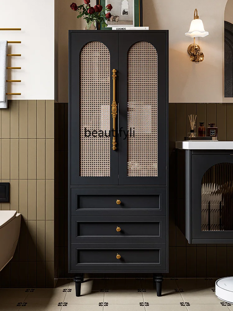 Rubber wood paint vertical cabinet French bathroom  Side cabinet  Walnut towel Narrow cabinet Storage