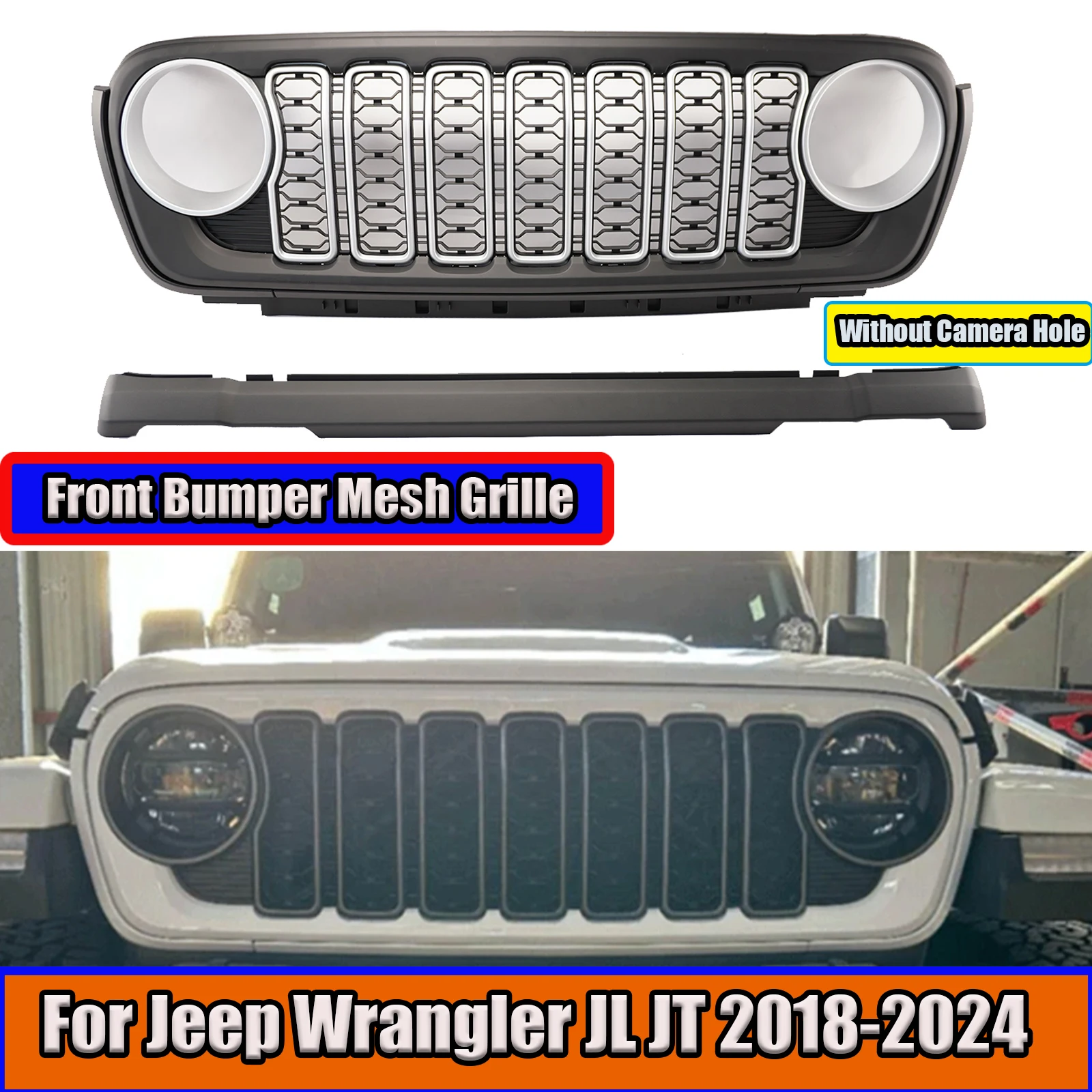 For Jeep Wrangler JL JT 2018 2019 2020 2021 2022-2024 Car Front Bumper Mesh Grille Without Camera Hole Silver  Matte Black