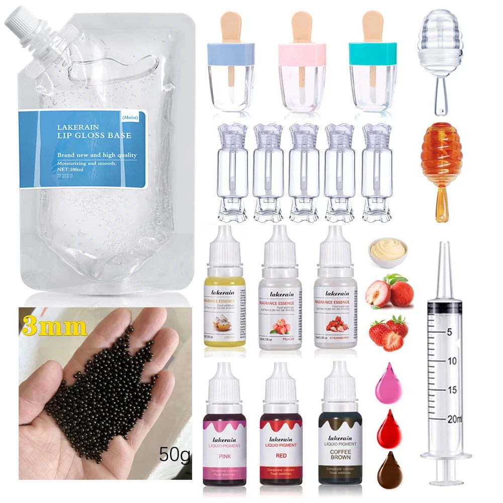 Lakerain Lip Gloss Diy Material Boba Bubble Tea Moisture Lipgloss Making Kit with Lip Gloss Tubes Flavoring Oil Liquid Pigment