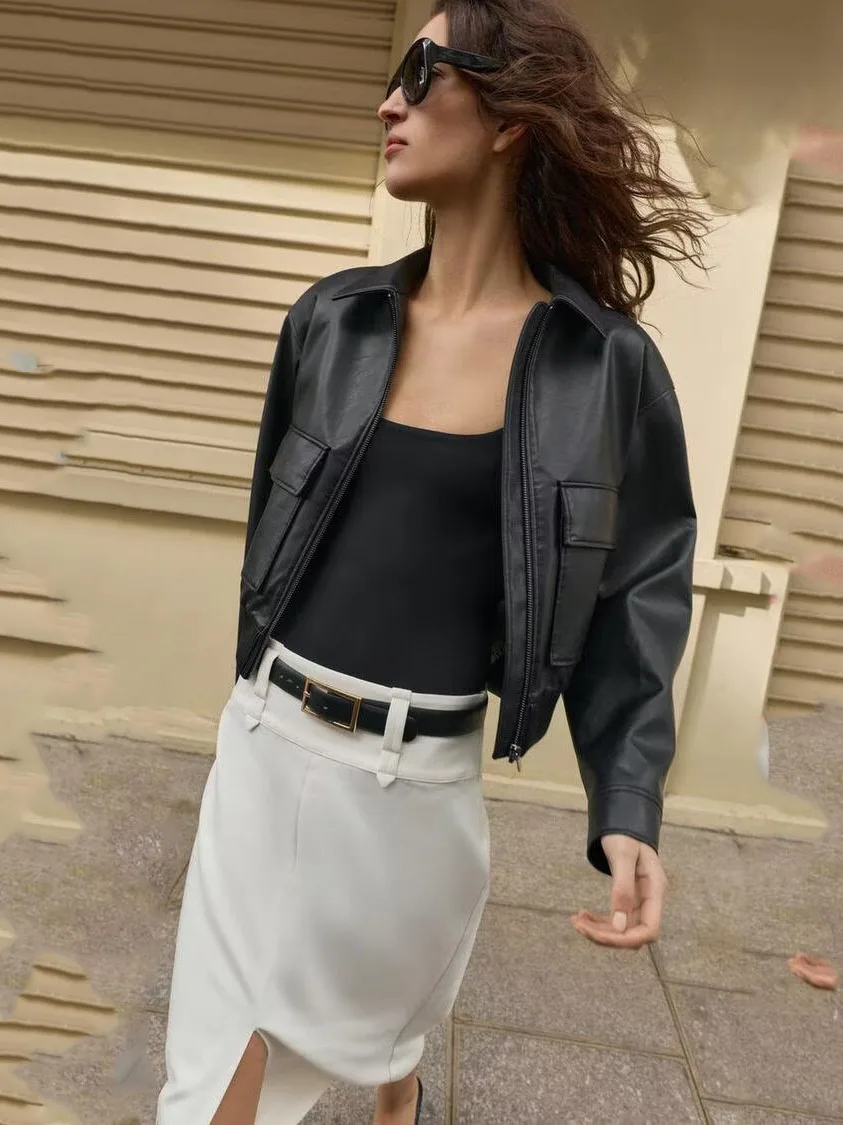 

Spring Summer New Arrival Women's Long Sleeve Faux Leather Shoulder Padded Pilot Jacket Modern Style Short Outerwear