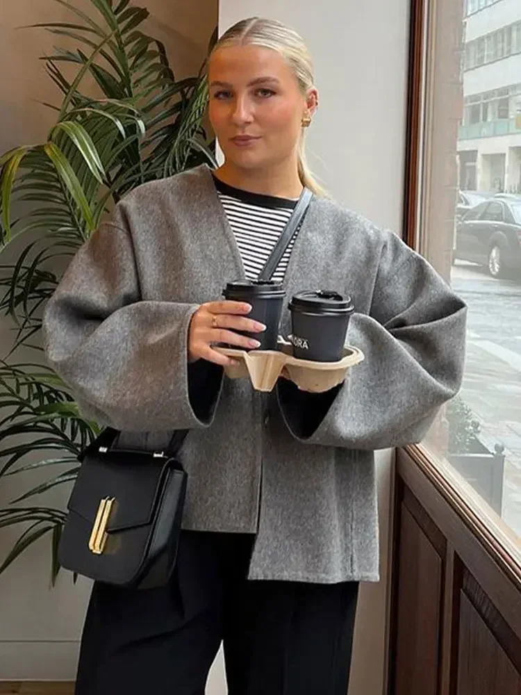 Women Fashion Grey Cropped Coat 2023 Autumn Loose Single Breasted Cardigan Jackets Female Solid Long Sleeve Streetwear Coats