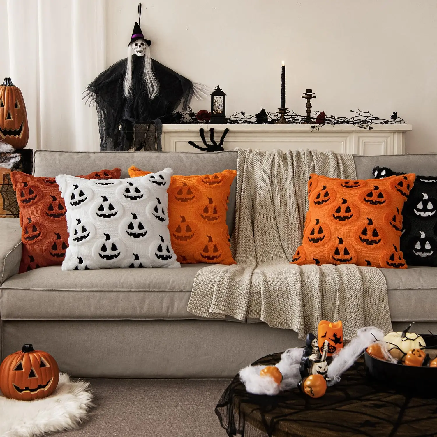 Halloween Fall Thanksgiving Ghost Throw Pillow Covers 18x18 White Decorative Pumpkin Pillowcases,Soft Plush Faux Wool Cushions