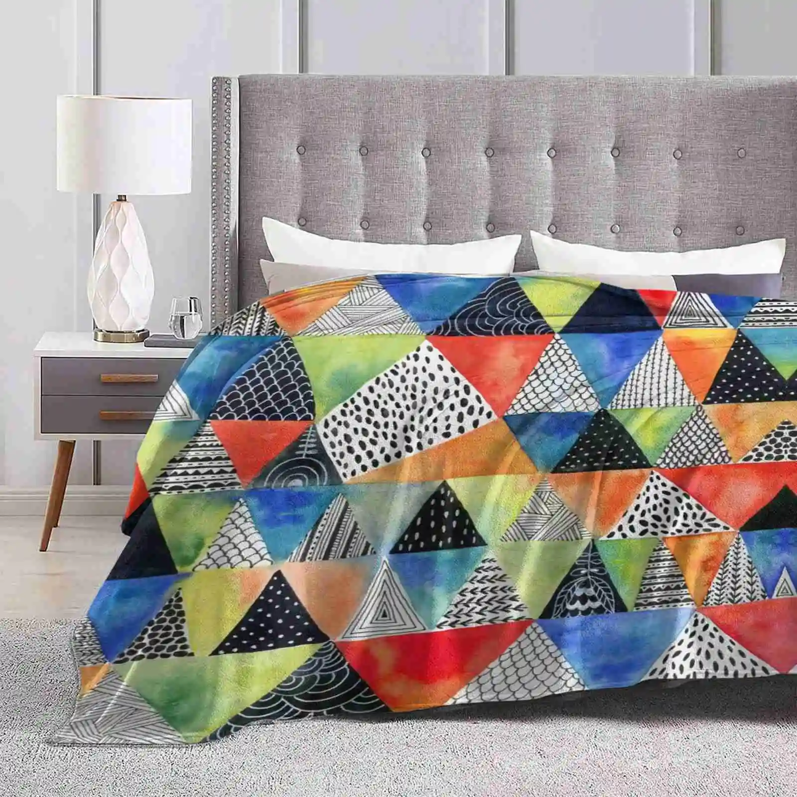 Doodled Geometry Latest Super Soft Warm Light Thin Blanket Triangles Geometric Pattern Ink Colorful Bright Watercolor Abstract