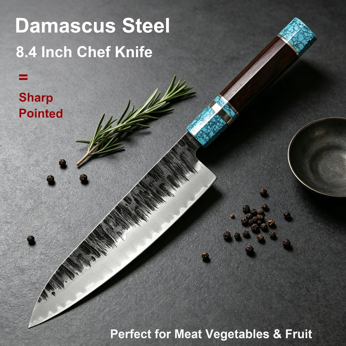 8.4 Inch Chef's Knife 7-Ply Damascus Steel Kitchen Knife Sharp Blade Turquoise Handle Kitchen Multi-Purpose Cooking Tool