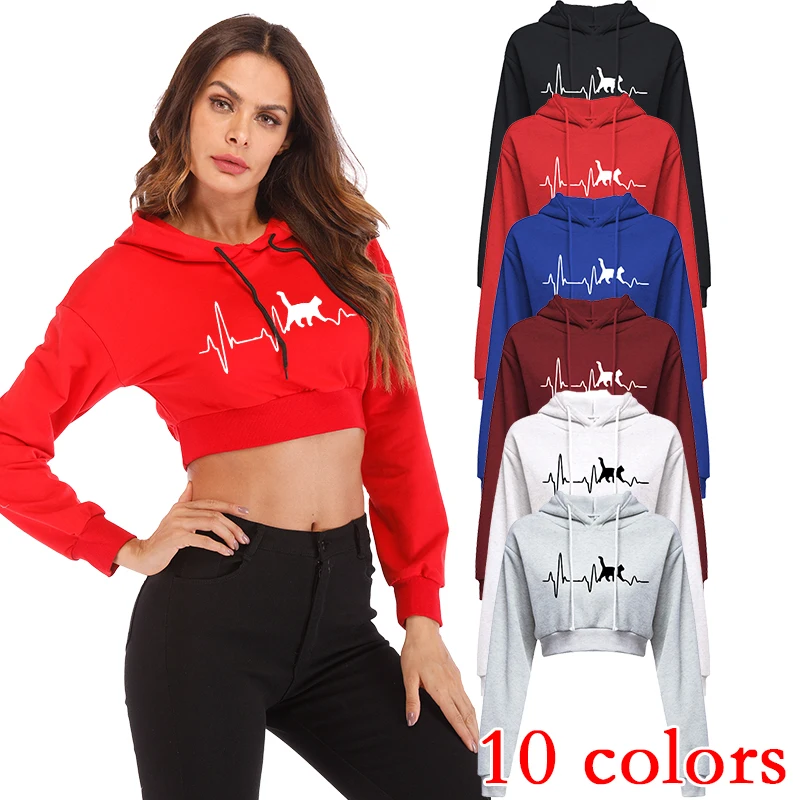 Fashionable women's sexy casual flat needle long sleeved hooded short sports shirt top pullover exposed navel hoodie