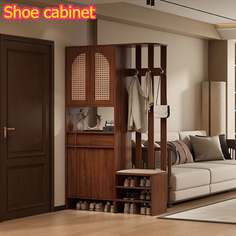 

Solid Wood Shoe Cabinet Household Use Doorway with Shoe Changing Stool One Body Log in Entrance Partition Cabinet Living Room