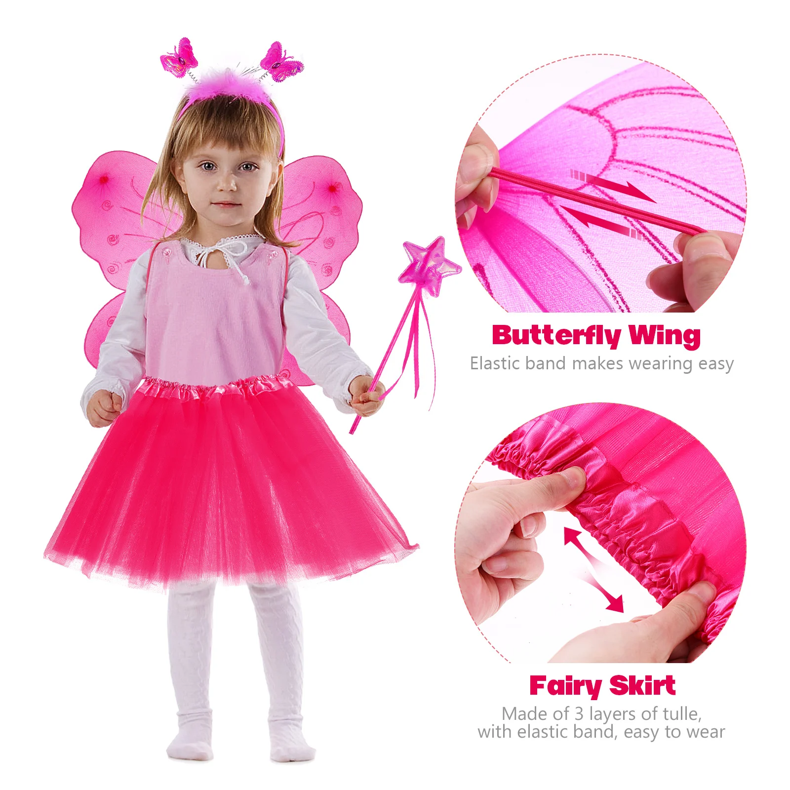 Zestaw 4 elementów kostiumu cosplay: różowa spódniczka tutu, anielskie skrzydła, różdżka wróżki, opaska na głowę, strój dla dzieci na występy, imprezy i przebieraniny.