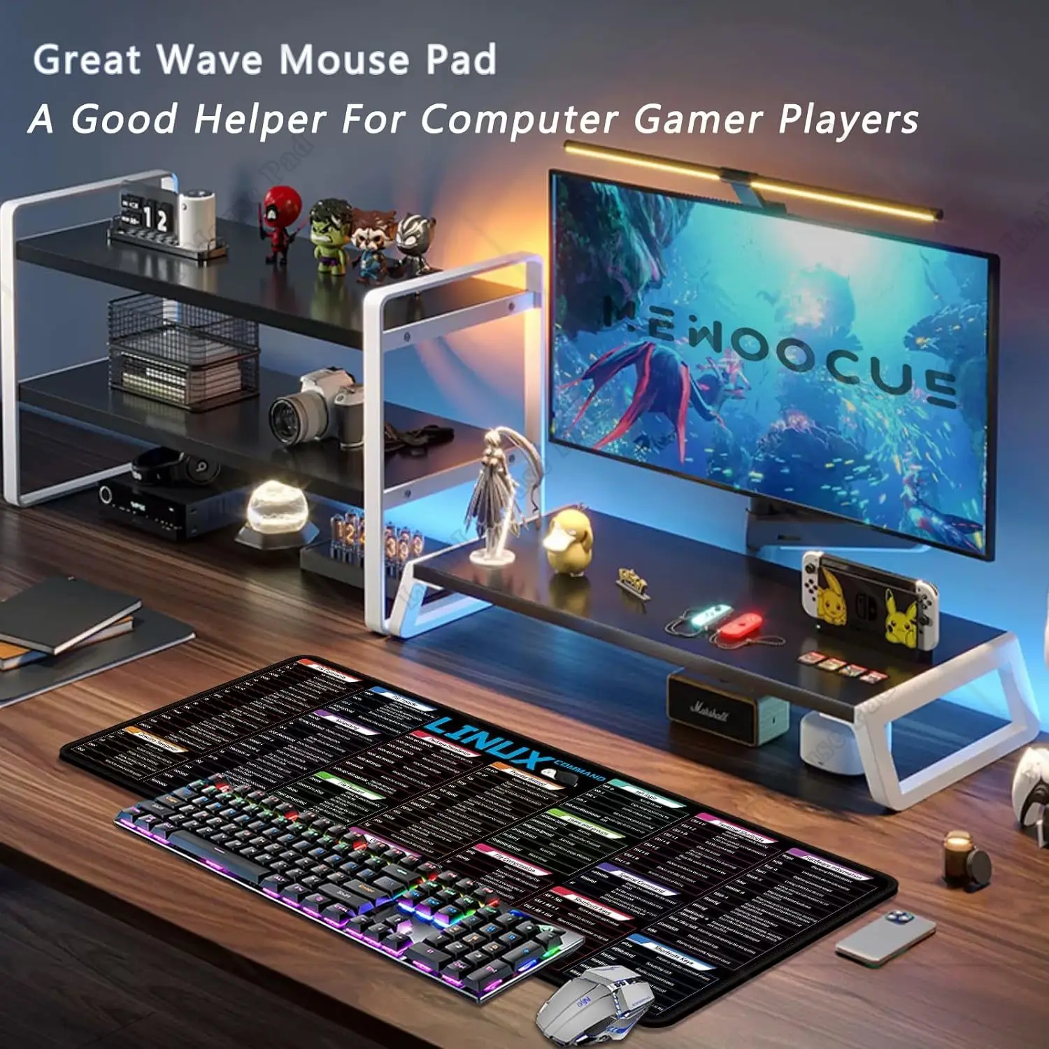 Grande folha preta Linux Mousepad para transferência, rede, instalação do pacote, uso do disco, SSH