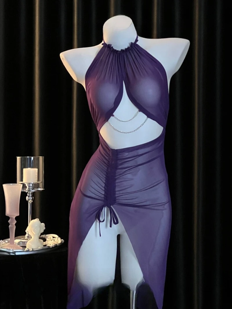 

Chiffon Slit One-Piece Seductive Dress,Halter Backless Chain Design,Mature Woman Hot Girl Nightdress Romantic Emotional Couple