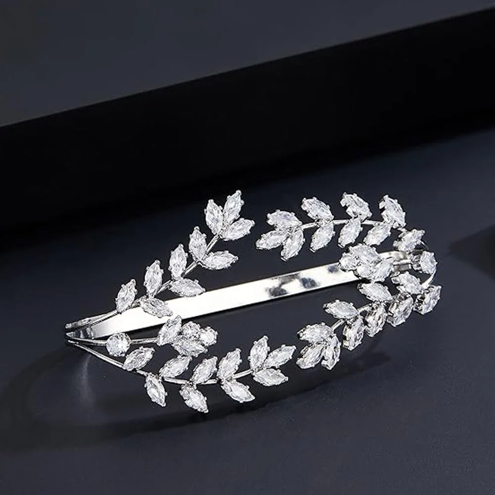 Stone Fans Fashion Leaf Rhinestone Palm Ring Bracelet Bangle for Women Statement Adjustable Open Bangle Multiple Hand Jewelry