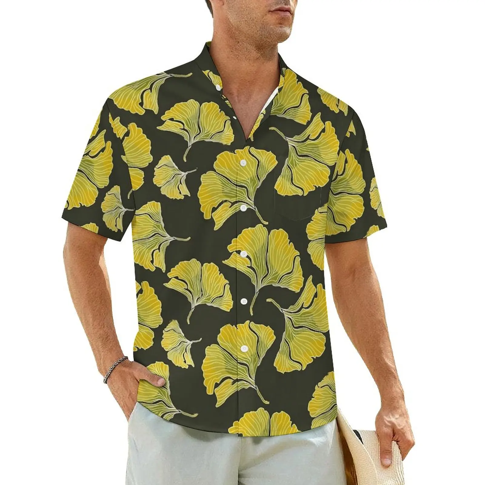 

Ginko Biloba Print Beach Shirt Men Yellow Leaves Novelty Casual Shirts Hawaii Short Sleeve Harajuku Design Oversized Blouses