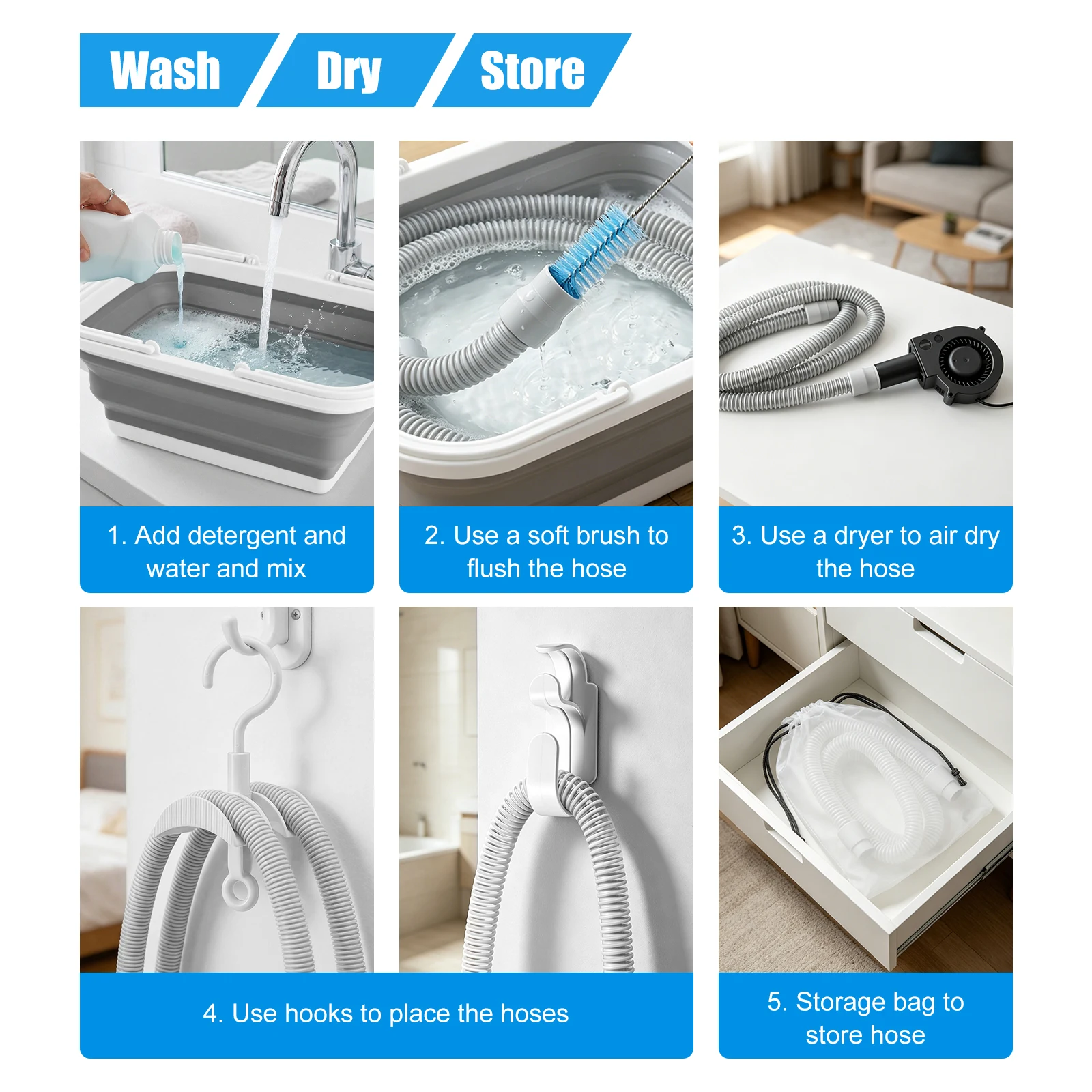 CPAP Hose Dryer Fan Tubing Duct Cleaning Airflow Blower Cleaner Drying After Wash & Tube Cleaning Dual Heads Brush & Hanger Hook