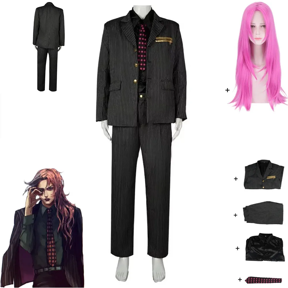 

Аниме JOJO's Bizarre Adventure Golden Wind Diavolo, карнавальный костюм, парик, черный костюм в полоску, пальто для взрослых, карнавальная форма на Хэллоуин