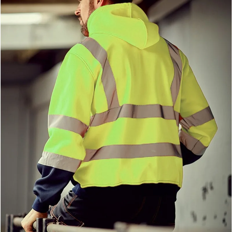 KIDWHXR Men Hooded Sweatshirts Contrast Color Patchwork Man Coat Reflective High Visibility Safety Male Outdoor Work Outerwear