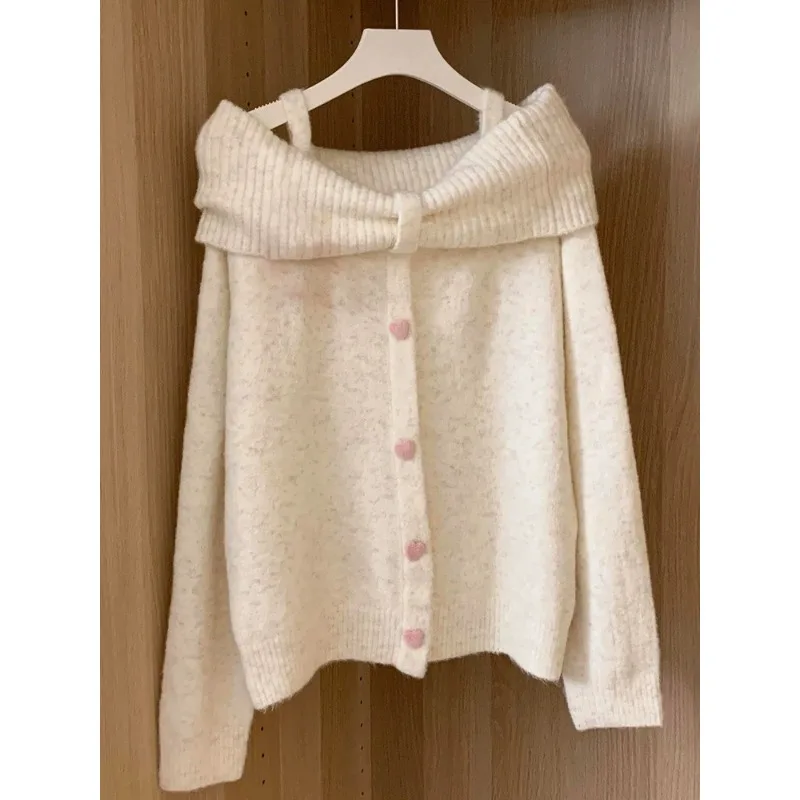 

Deeptown Beige Sweet Elegant Off Shoulder Women Sweaters Cute Bow Long Sleeve Korean Fashion Knit Pullovers Slim Casual Winter