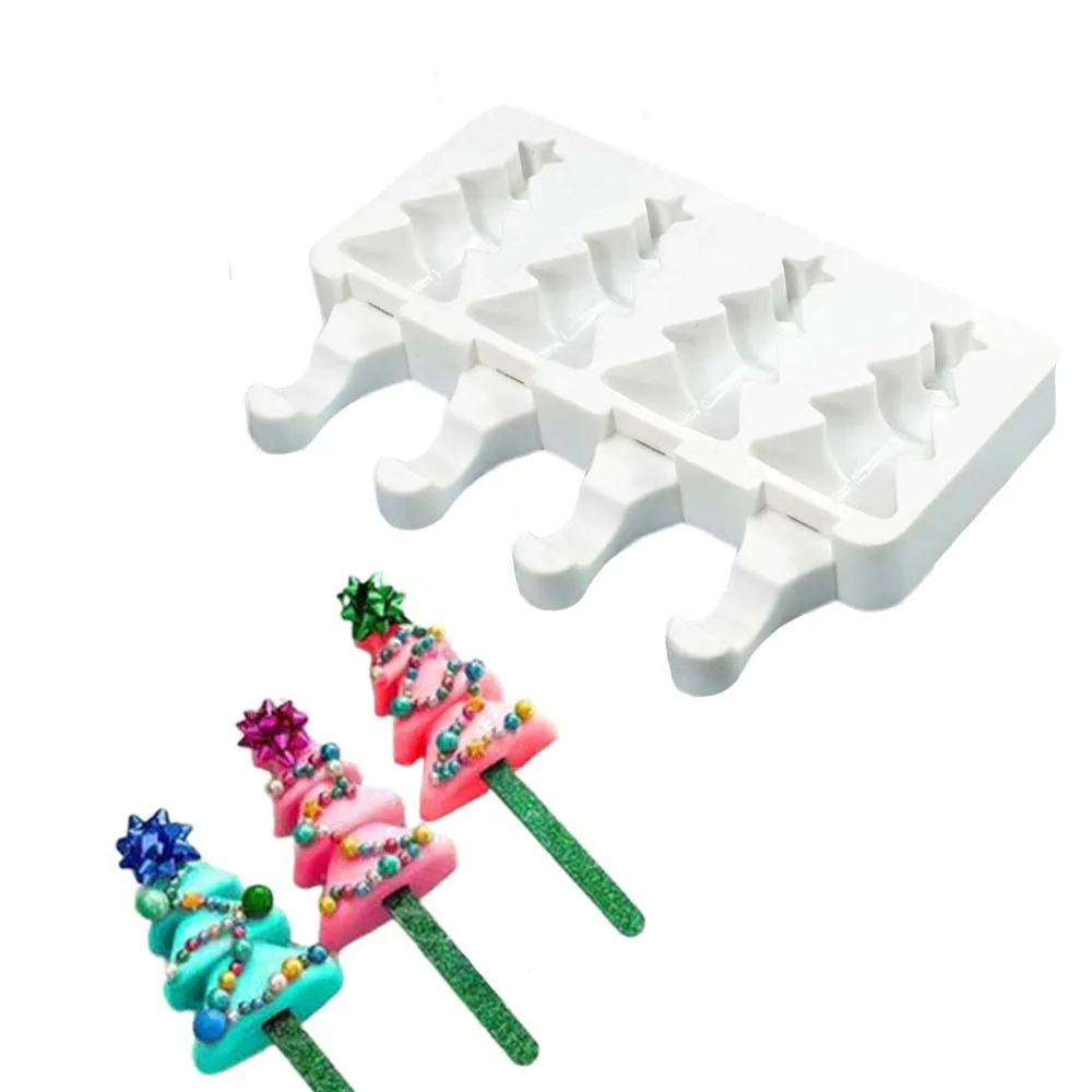 4 Cells Christmas Tree Popsicle Mold Diy Tree Shape Chocolate Mould Wooden Stick Cake Decorating Tools Kitchen Accessories