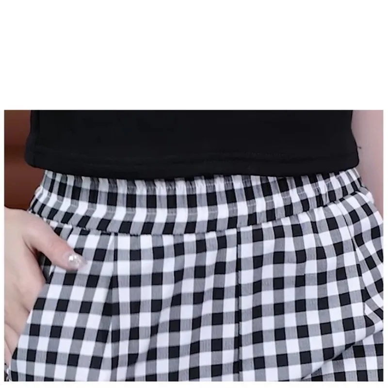 Spring Summer Checkered Pockets Contrast Color High Waisted Elastic Casual Loose Women\'s Clothing Wide Leg Trousers Pants