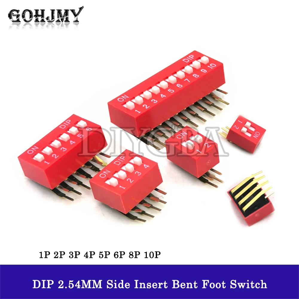 5PCS DIP Switch 2.54MM DA-02 1/2/3/4/5/6/8/10P Horizontal Dial 90 Degrees Plug-in Side Insert Bent Foot Switch