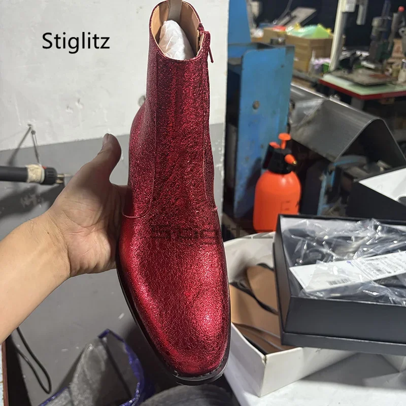 Red Genuine Leather Chelsea Boots for Men Pointed Toe Ankle Boots British Style Med Heel Business Dress Wedding Male Shoes view 3
