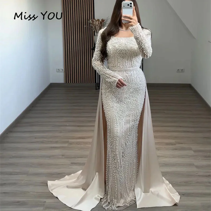 Customized Evening Dress Luxury Beaded Pearls Mermaid with Long Sleeve Vintage Prom Wedding Party Gowns For Formal Occasion