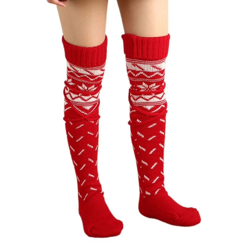 SZL Women's Christmas Knitted Leg Warmers with Ties Sweater Thigh High Socks Snowflake Pattern Over Knee Long Boot Stockings