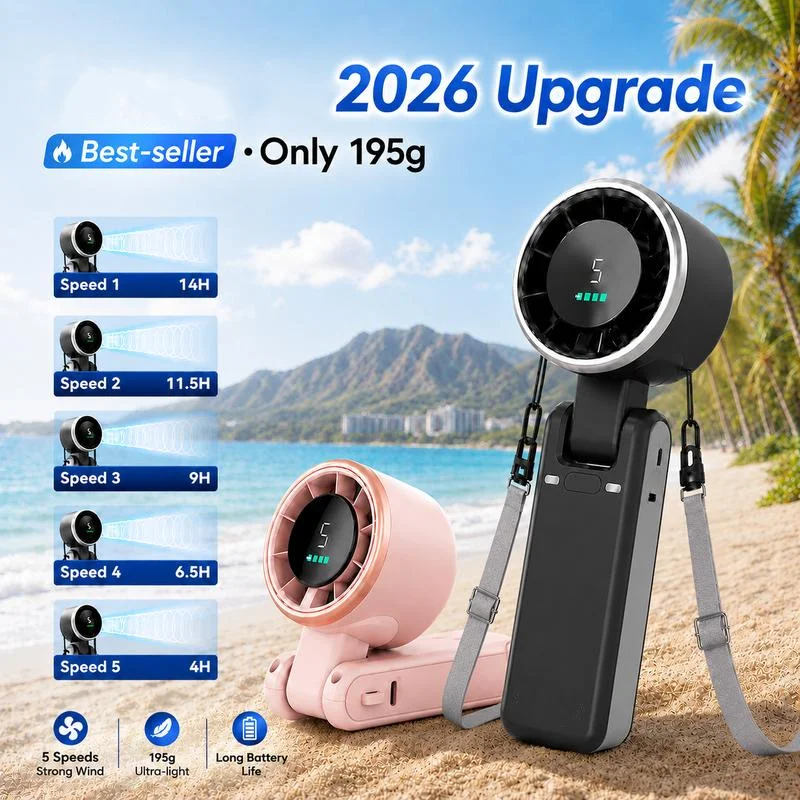 Ventilador de Mano Portátil Plegable Recargable por USB, Ultra Silencioso con 5 Velocidades Ajustables, Batería de 1200mAh (10 Horas de Autonomía)