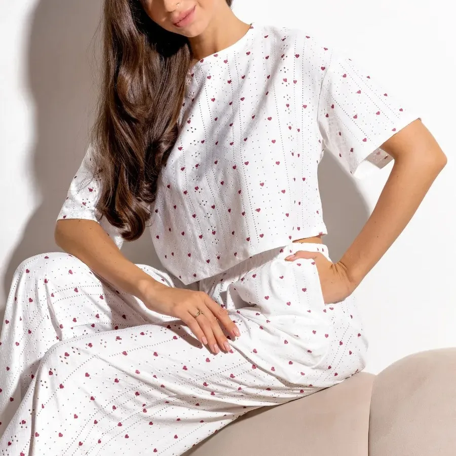 

Fashion Pajamas for Women Casual Printing Hollow Jacquard Navel Short-sleeved Sleepwear Trousers Two-piece Women's Pajamas Set