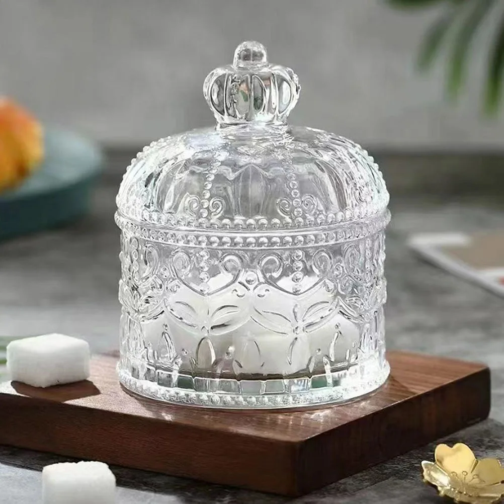 

2Pcs Crystal Crown Glass Candy Jar Storage Container Clear Large Mouth Lid Household Snack Holder Kitchen Pantry