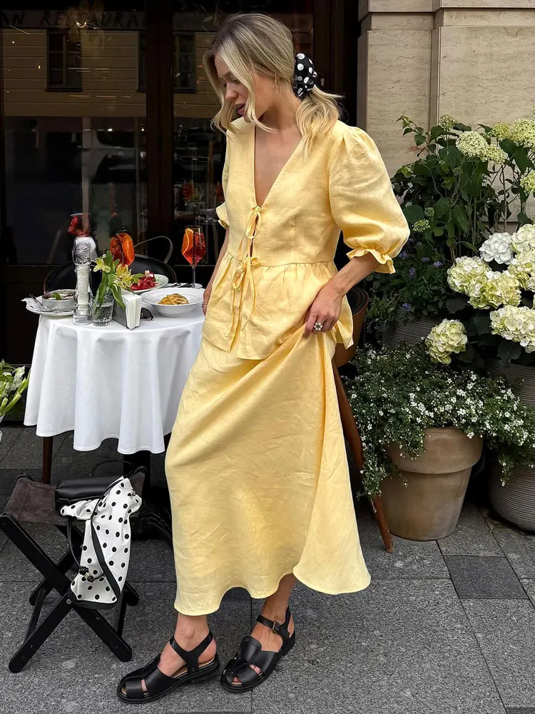 

Tossy Summer Ruffled 2 Piece-Set Maxi Skirt For Women V-Neck Lace-Up Short Sleeve Shirts Top And Slim High Waist Long Skirt Sets