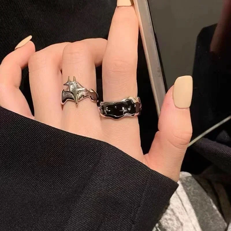 Silver Color Irregular Stars Rings Vintage Gothic Ring for Men Women Fashion Cross Star Open Adjustable Ring Y2k Jewelry Gift