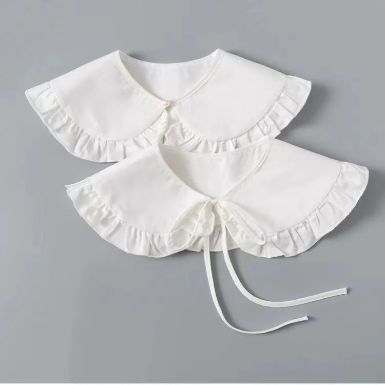 White Shawl for Doll False Fake Collar for Women Girls Ruffled Trim Detachable Half Shirt Lapel Blouse Lace-Up Bandage