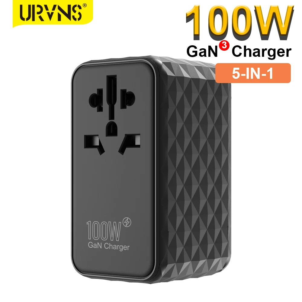 

Универсальный адаптер для путешествий URVNS 100 Вт GaN с 1 портом USB QC3.0 + 3 портами PD3.0 Type-C PPS для быстрой зарядки EU/UK/USA/AUS