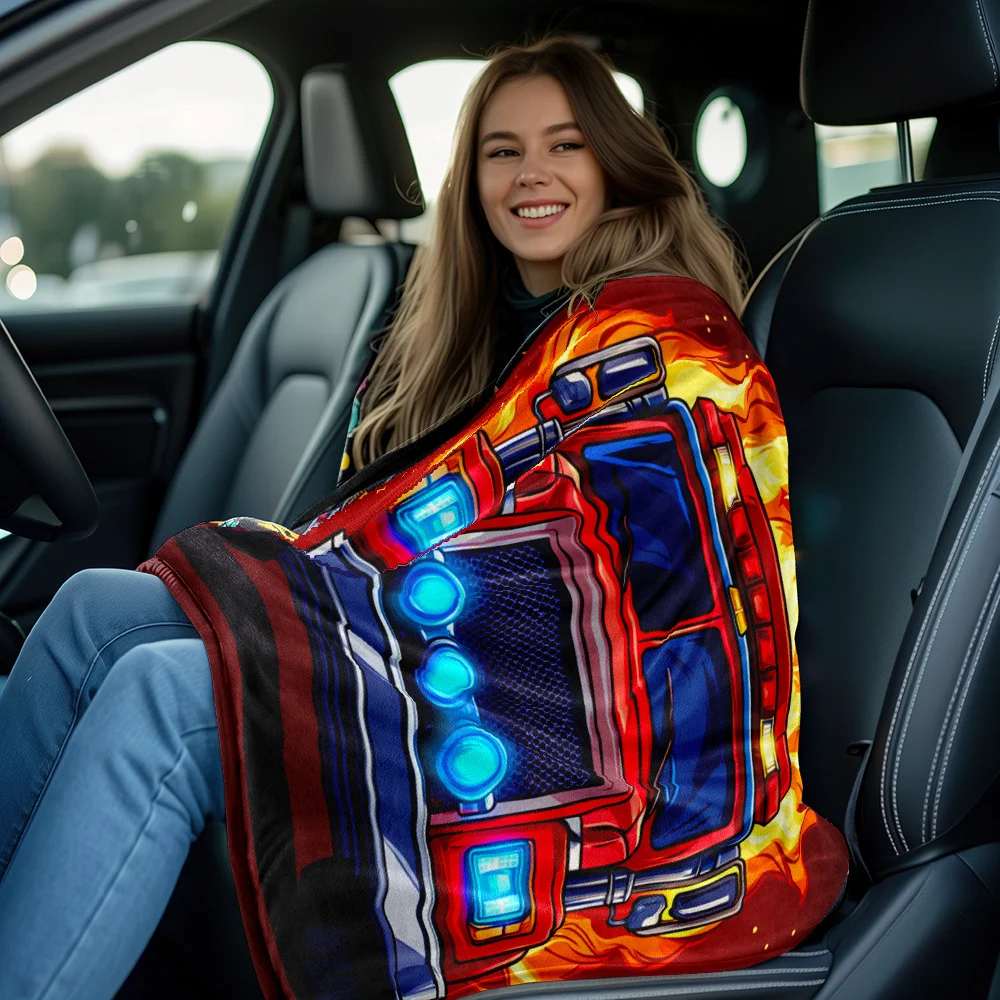 1pc Fire Truck Flame Design Flannel Blanket Emergency Vehicle Print Soft Boys Bedroom Decor Red Firefighter Throw Cover