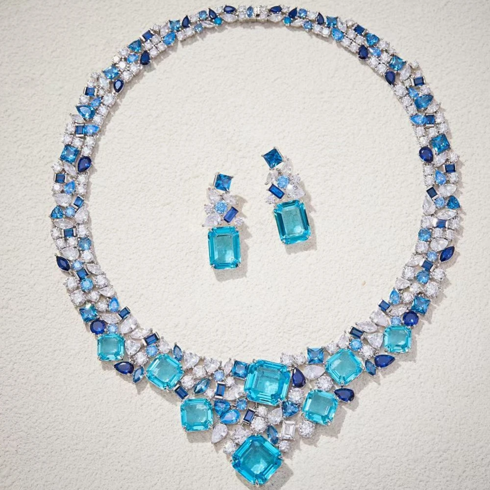 High Craft Synthetic Aquamarine Blue Topaz Pink Citrine Yellow Purple Necklaces Earrings Luxury Women Party Jewelry Sets